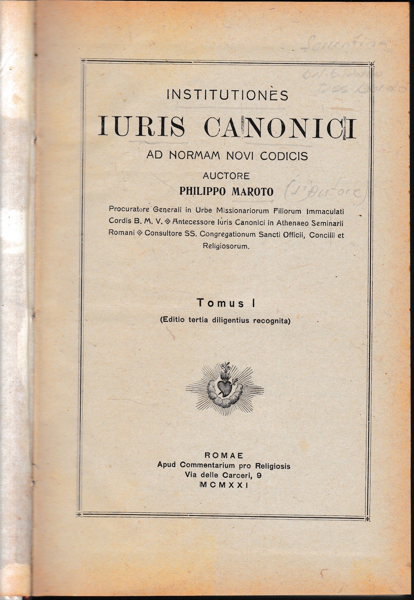 Institutiones Iuris Canonici ad norman novi codicis, tomo I. - copertina