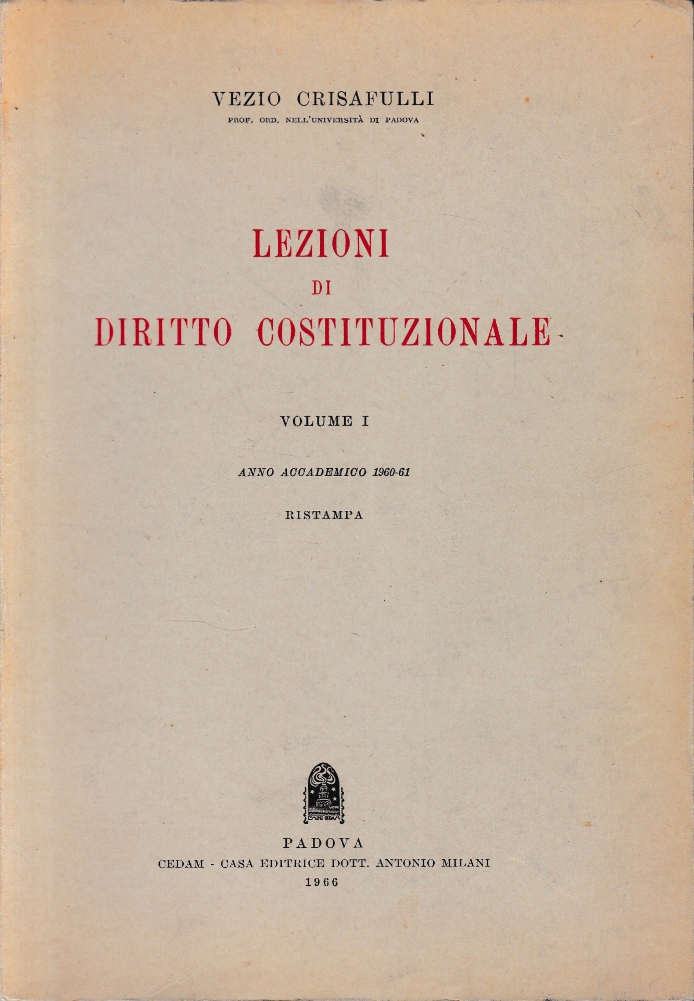 Lezioni di Diritto Costituzionale, vol. 1° - copertina
