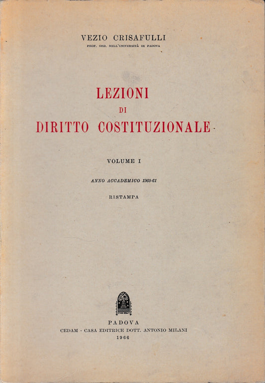 Lezioni di Diritto Costituzionale, vol. 1° - copertina