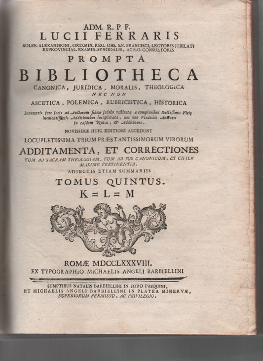 Prompta Bibliotheca canonica, juridica, moralis, theologica nec non ascetica, polemica, rubricistica, historica (tomus quintus) - copertina