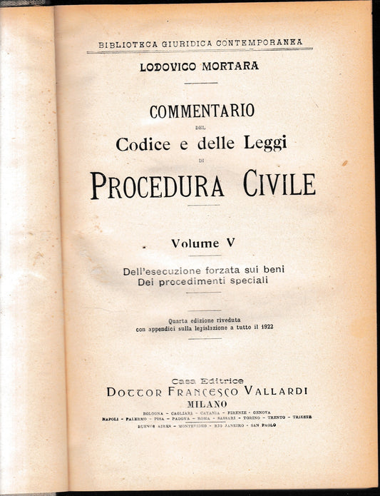 Commentario del Codice e delle Leggi di Procedura Civile, vol. 5°. - copertina