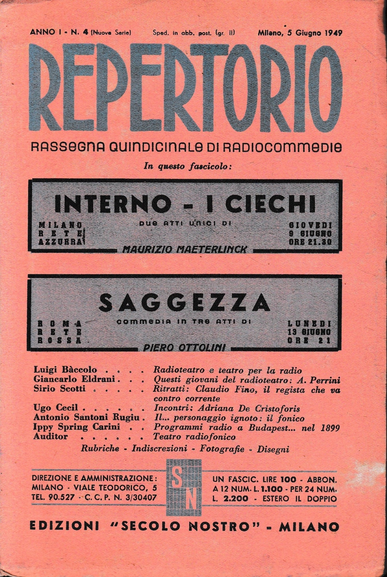 Repertorio. Rassegna quindicinale di radiocommedie. Anno 1, n. 4. 1949 - copertina