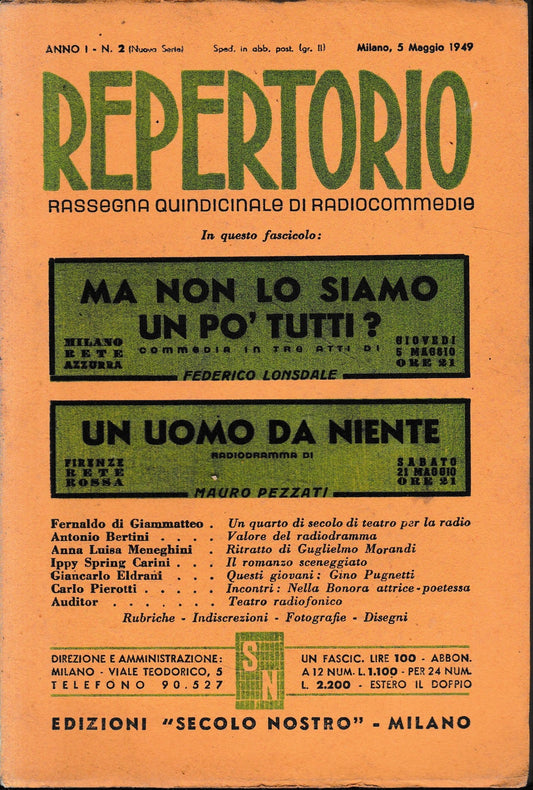 Repertorio. Rassegna quindicinale di radiocommedie. Anno 1, n. 2. 1949 - copertina