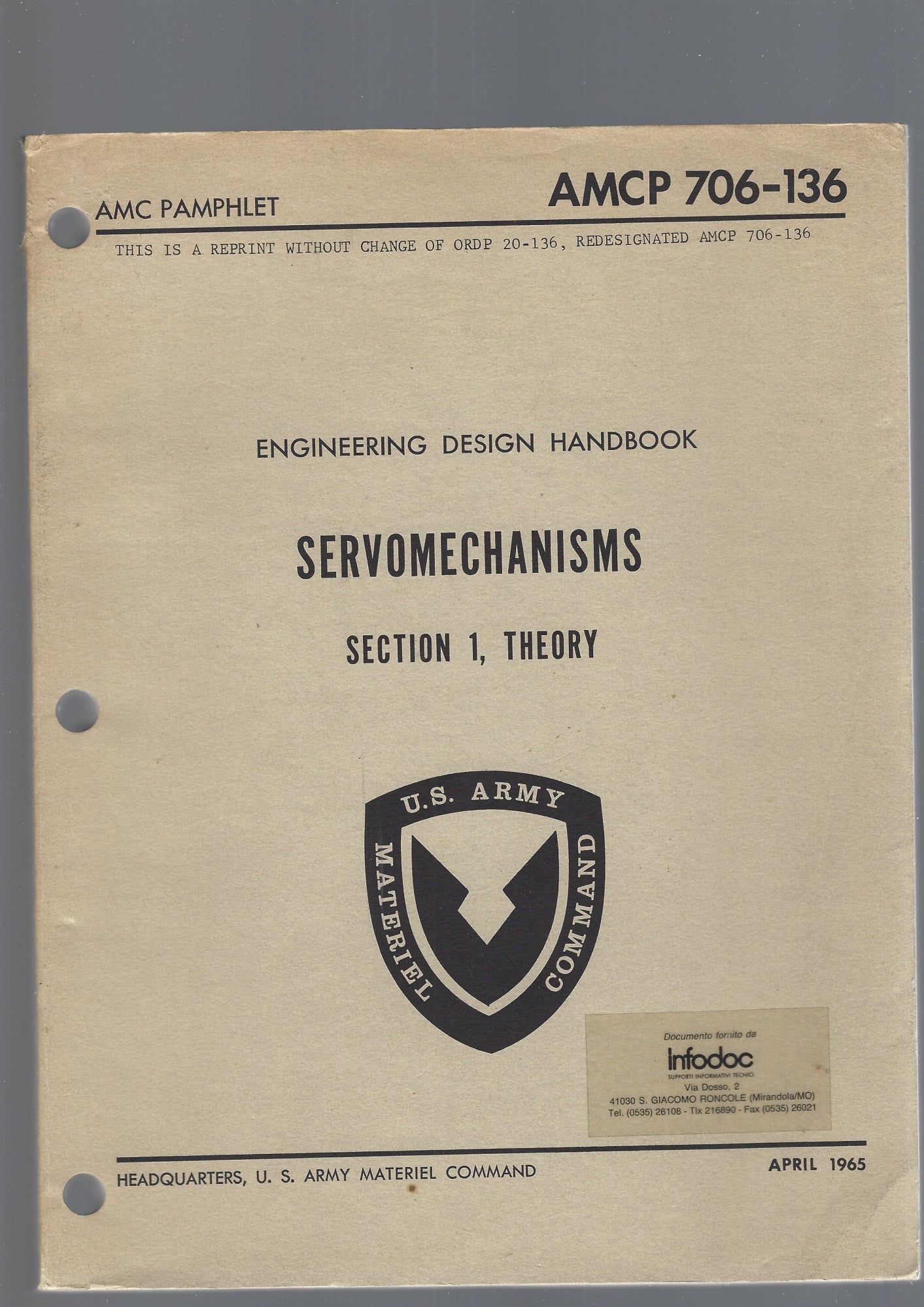 ENGINEERING DESIGN HANDBOOK, SERVOMECHANISMS , SECTION 1, THEORY - copertina
