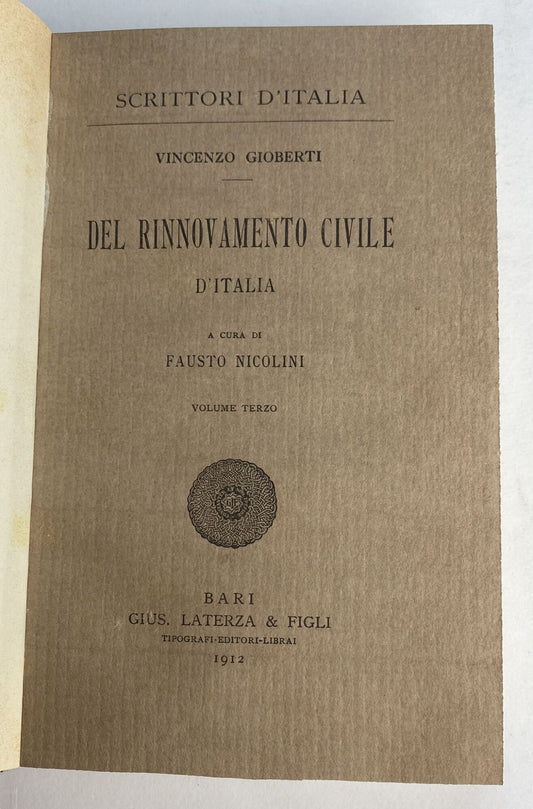 Del rinnovamento civile d'Italia volume terzo - copertina