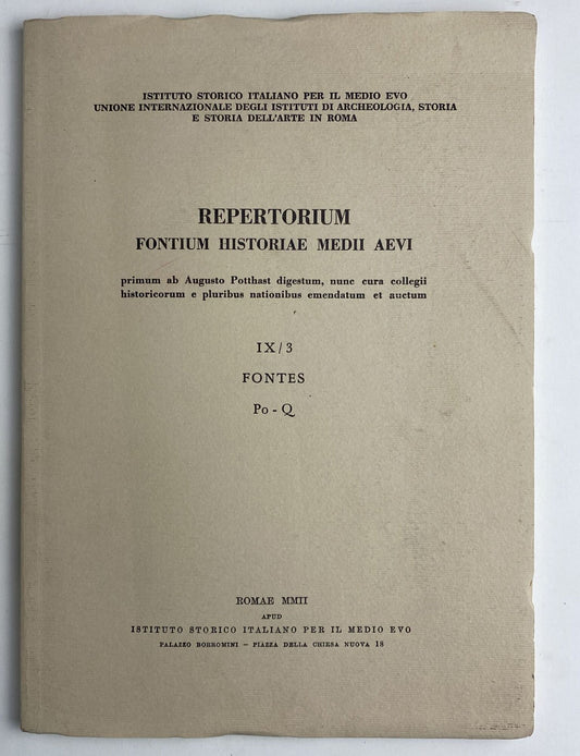 Repertorium fontium historiae medii aevi. Vol. IX Fontes Po-Q - copertina