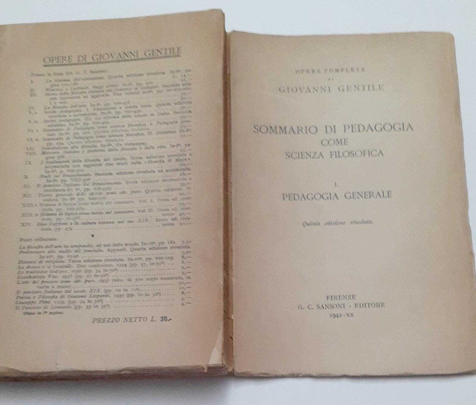 Sommario di pedagogia come scienza filosofica. Volume I. Pedagogia generale - copertina