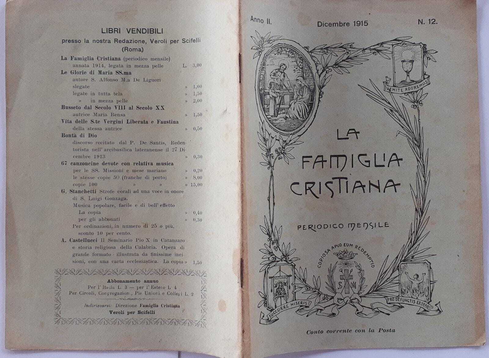 La famiglia cristiana. Periodico mensile. N.12 Anno II - copertina