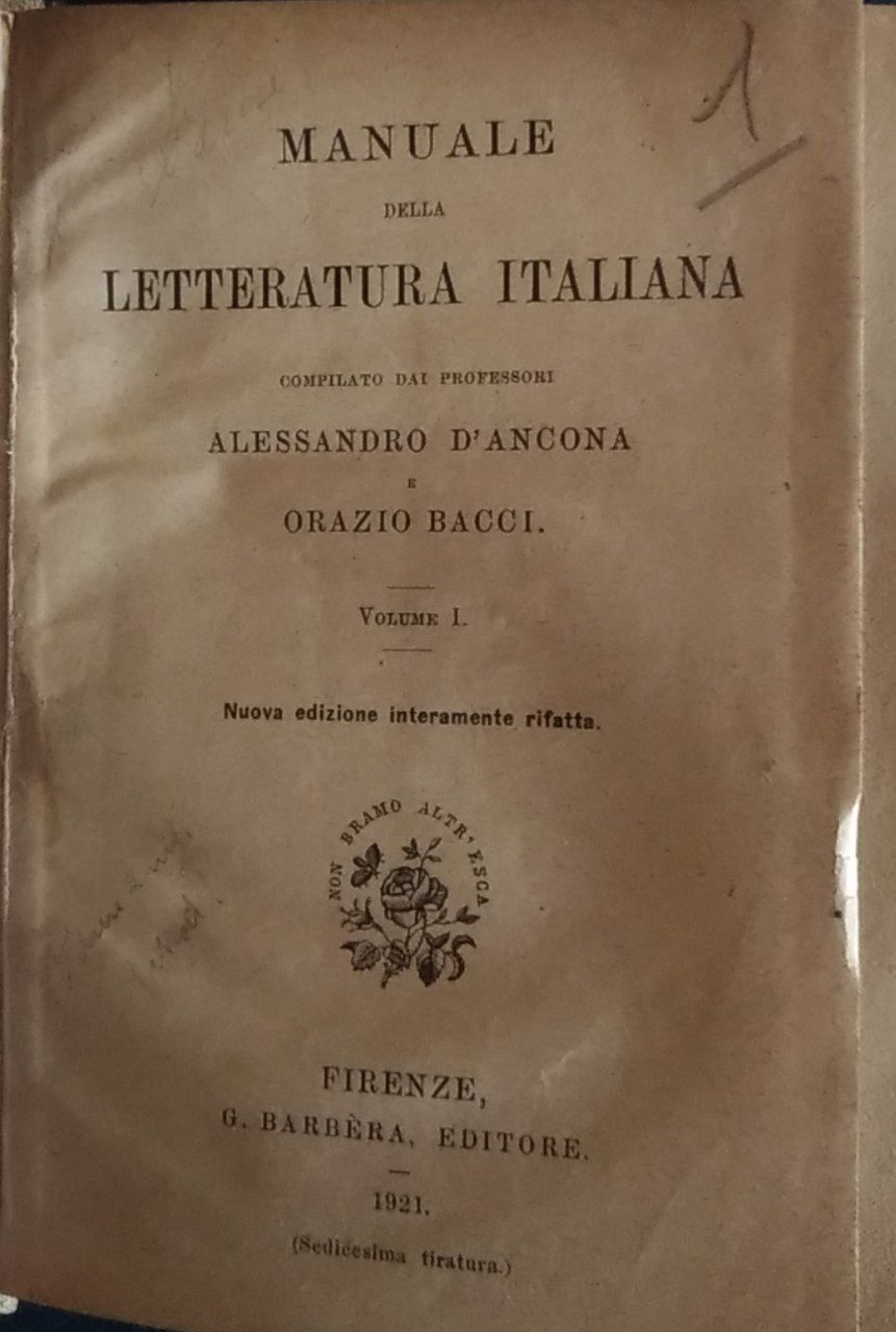 Manuale della letteratura italiana. Volume I - copertina