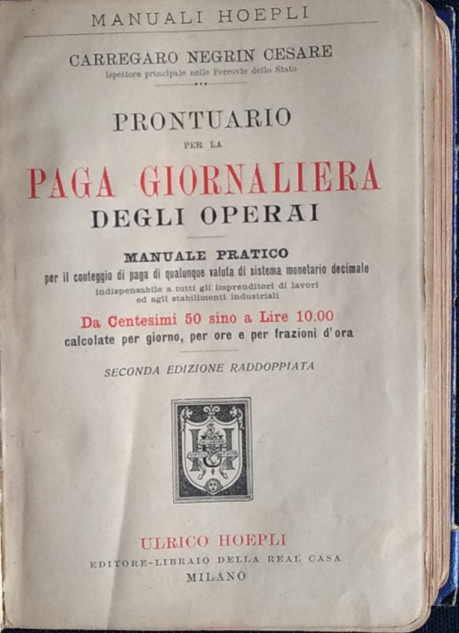Prontuario per la paga giornaliera degli operai - copertina