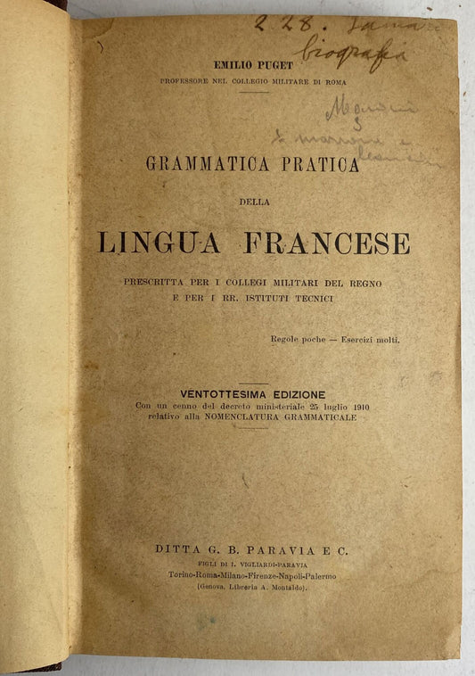 Grammatica pratica della Lingua Francese. Prescritta per i collegi militari del regno e per i rr. istituti tecnici - copertina