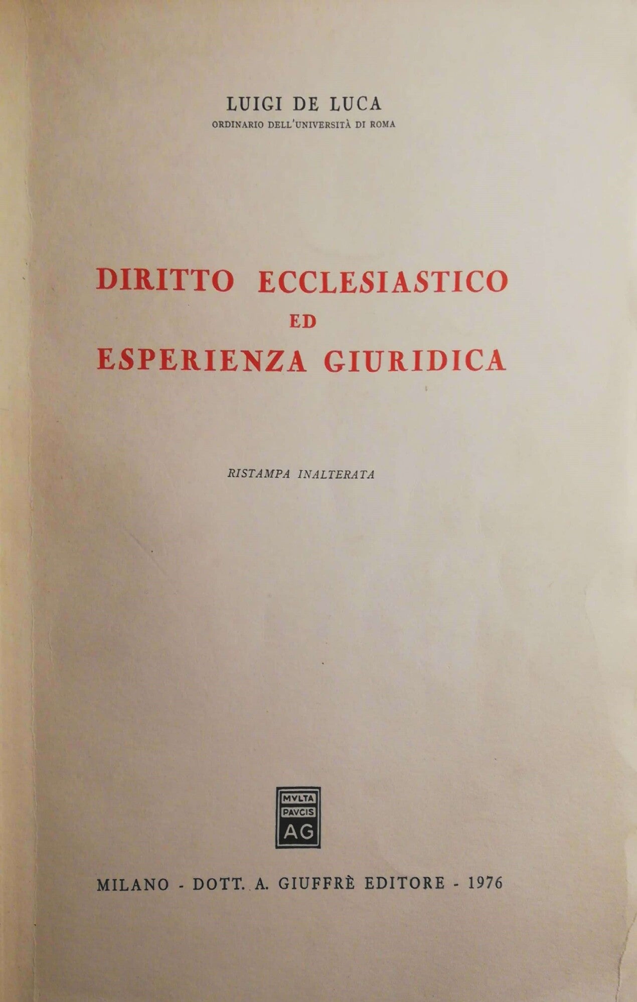Diritto ecclesiastico ed esperienza giuridica - copertina