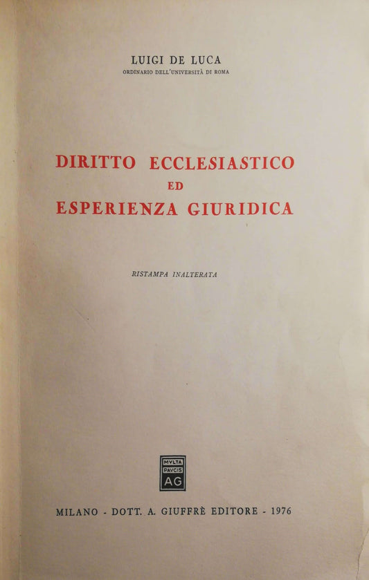 Diritto ecclesiastico ed esperienza giuridica - copertina