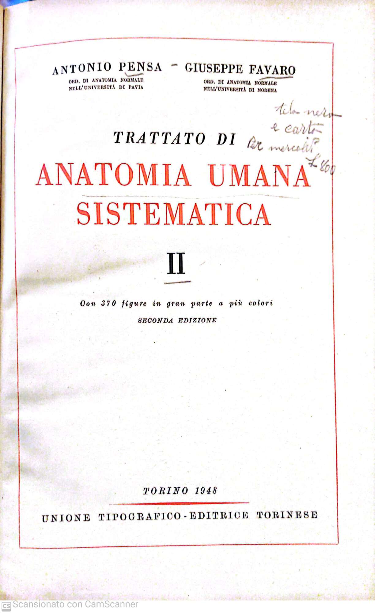 Trattato di anatomia umana sistematica. Volume II - copertina