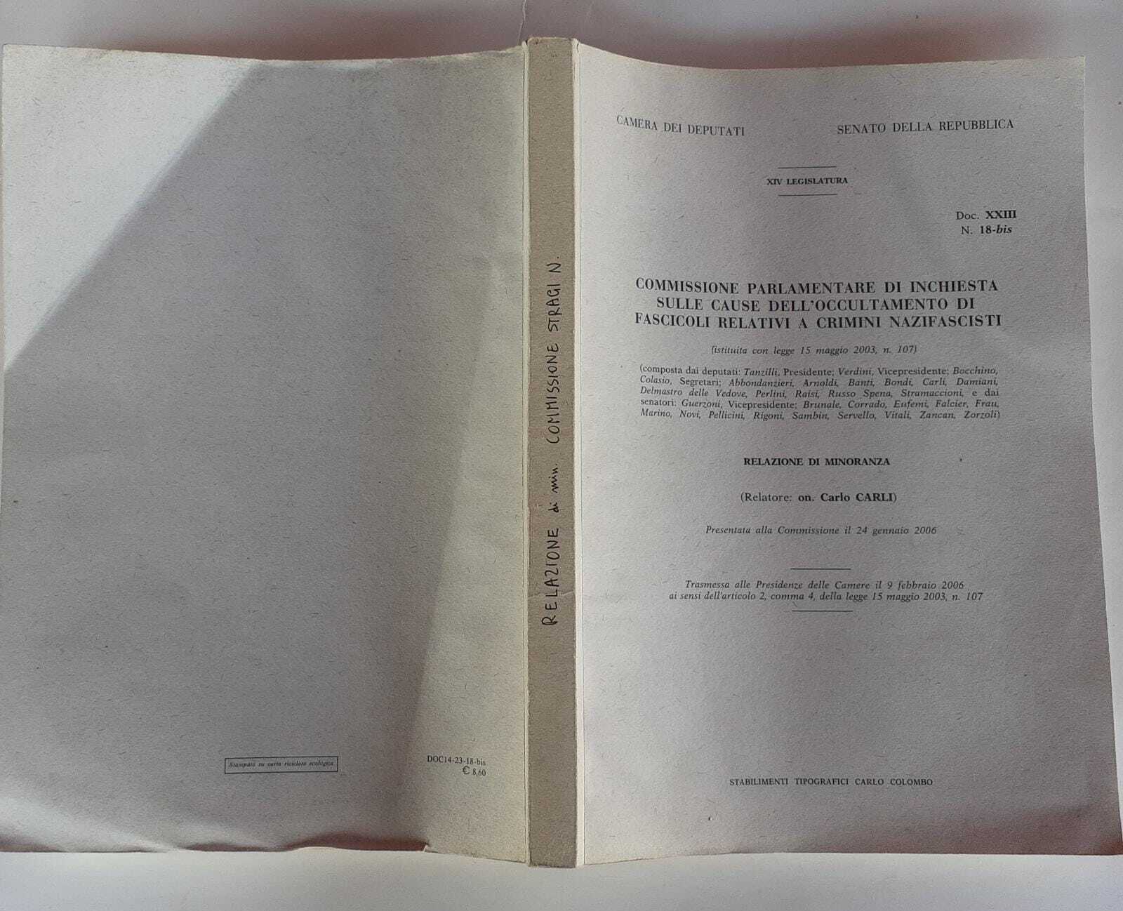 Commissione parlamentare di inchiesta sulle cause dell'occultamento di fascicoli relativi e crimini nazifascisti - copertina