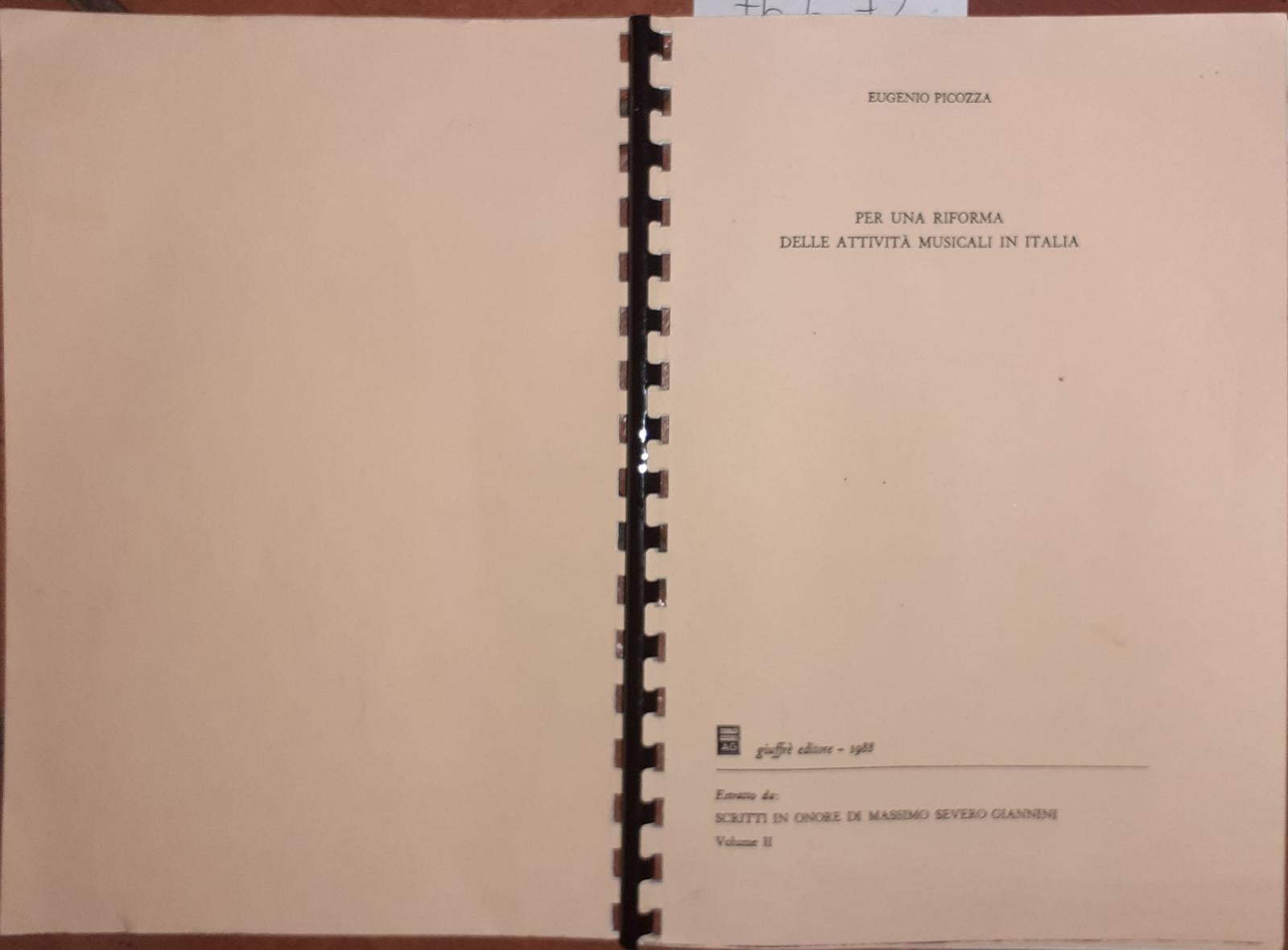 Per una riforma delle attivita' musicali in Italia volume II - copertina