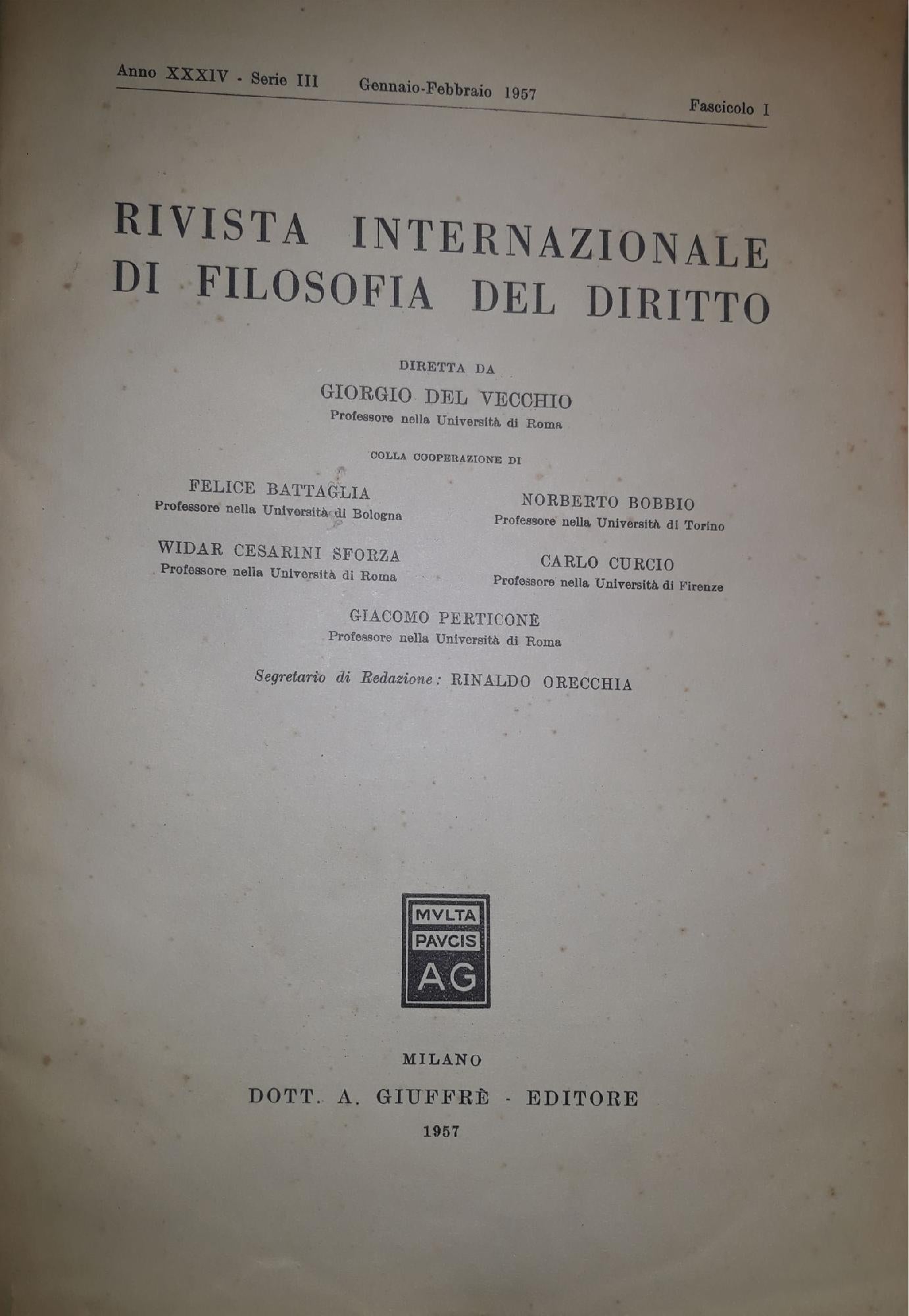 Rivista Internazionale di Filosofia del Diritto: fascicolo gennaio febbraio 1957 - copertina