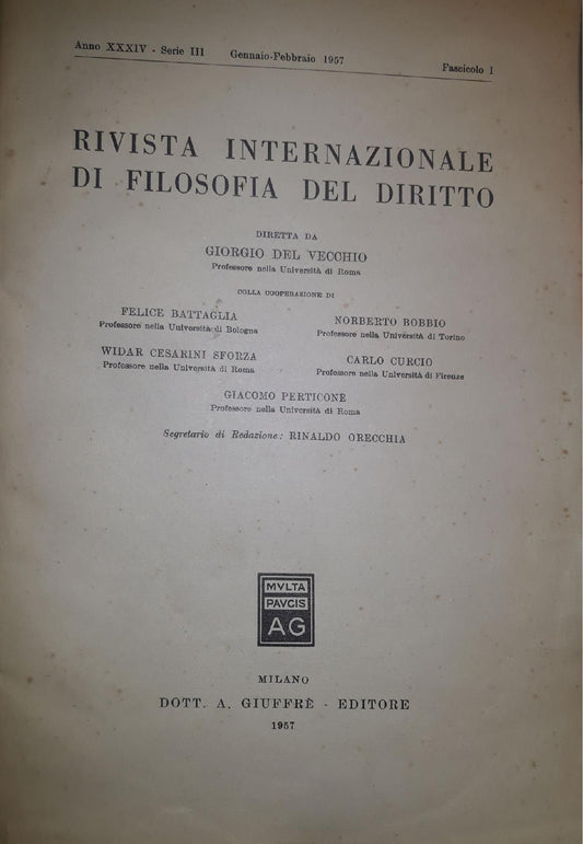 Rivista Internazionale di Filosofia del Diritto: fascicolo gennaio febbraio 1957 - copertina