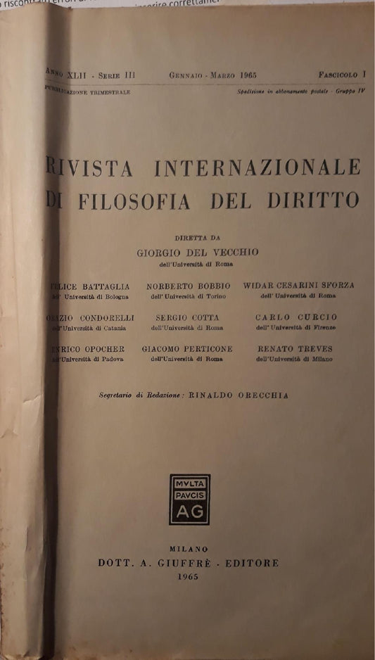 Rivista Internazionale di filosofia del diritto: fascicolo I Gennaio Marzo 1965 - copertina