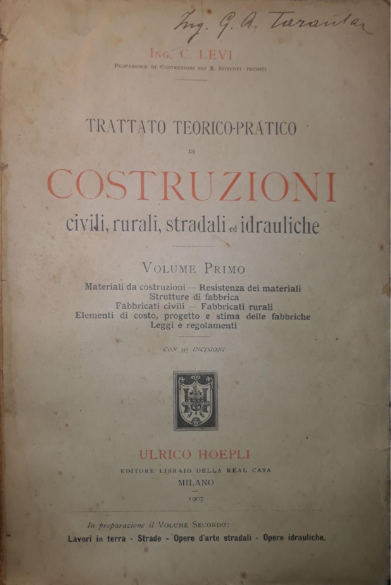 Trattato teorico-pratico di costruzioni civili, rurali, stradali ed idrauliche (Volume I) - copertina