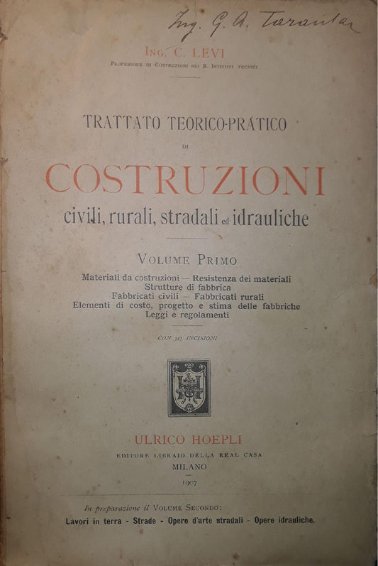 Trattato teorico-pratico di costruzioni civili, rurali, stradali ed idrauliche (Volume I) - copertina