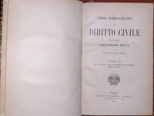 Corso teorico pratico di diritto civile. Volume VII Dei contratti, del contratto di matrimonio e della vendita - copertina