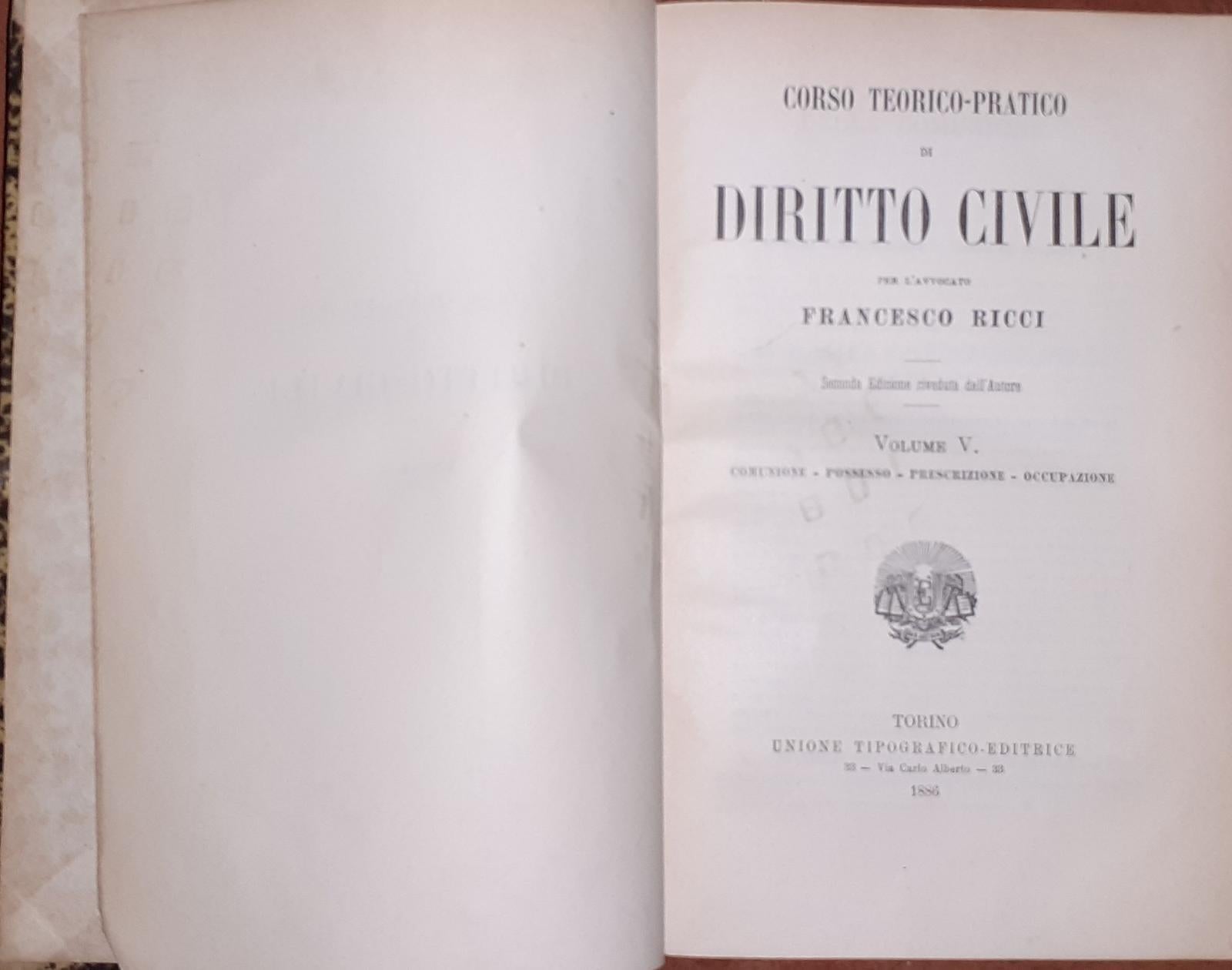 Corso teorico pratico di diritto civile. Volume V Comunione, possesso, prescrizione, occupazione - copertina