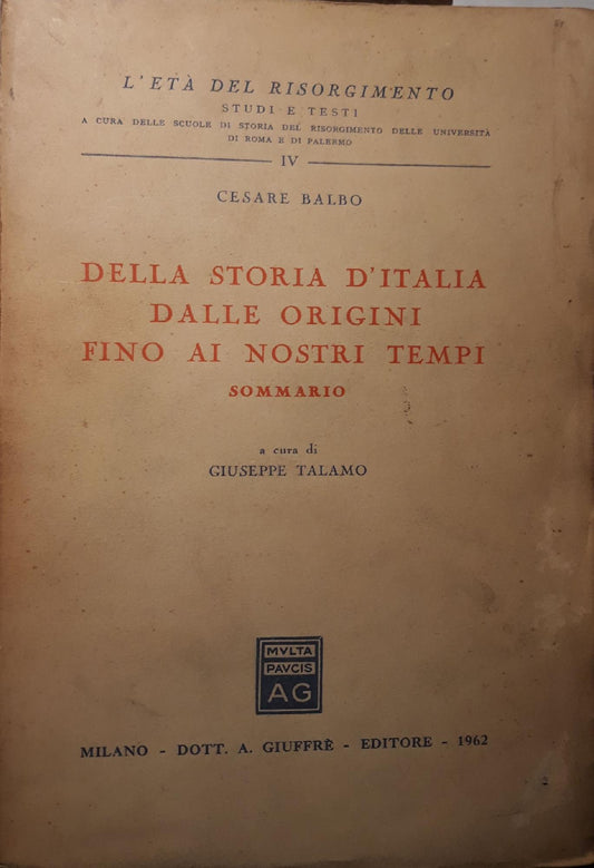 Della storia d'Italia dalle origini fino ai nostri tempi - sommario - copertina