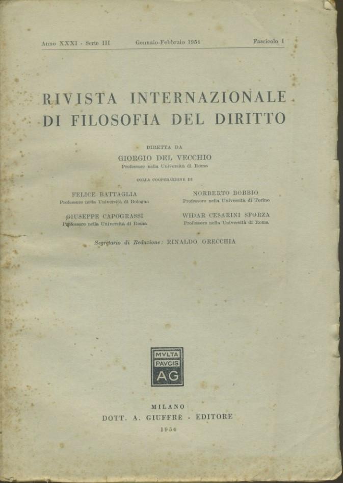 Rivista internazionale di filosofia del diritto. Anno XXXI. Serie III. Gennaio  - Febbraio 1954 - copertina
