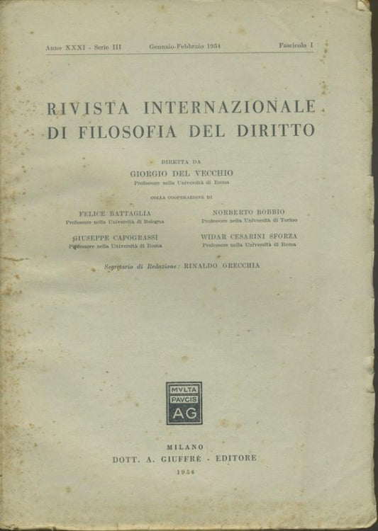 Rivista internazionale di filosofia del diritto. Anno XXXI. Serie III. Gennaio  - Febbraio 1954 - copertina
