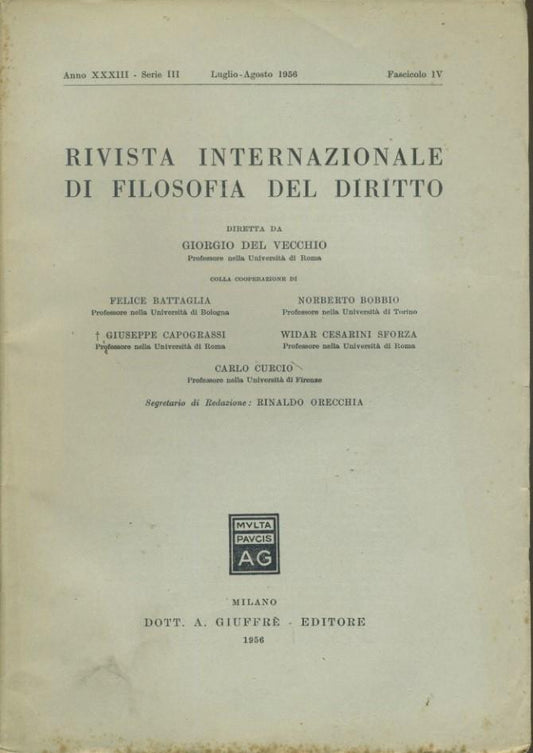 Rivista internazionale di filosofia del diritto. Anno XXXIII. Serie III. Luglio - Agosto 1956 - copertina