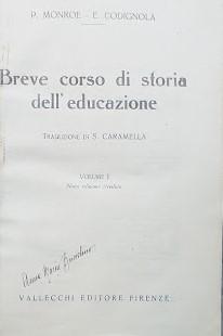 Breve corso di storia dell'educazione. Volume primo - copertina