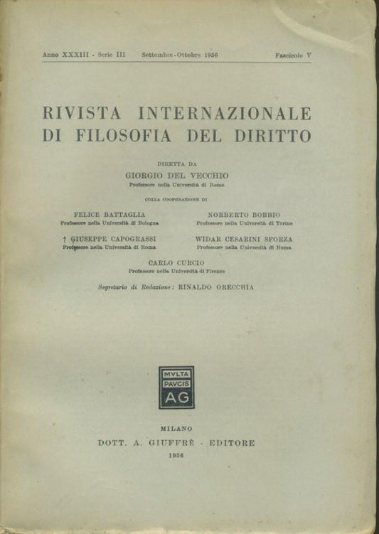Rivista internazionale di filosofia del diritto. Anno XXXIII. Serie III. Settembre - Ottobre 1956 - copertina