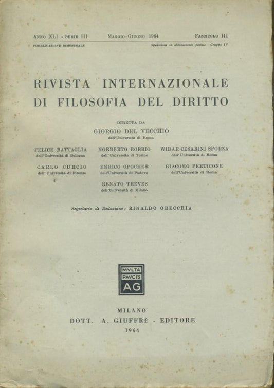 Rivista internazionale di filosofia del diritto. Anno XLI. Serie III. Maggio - Giugno 1964 - copertina