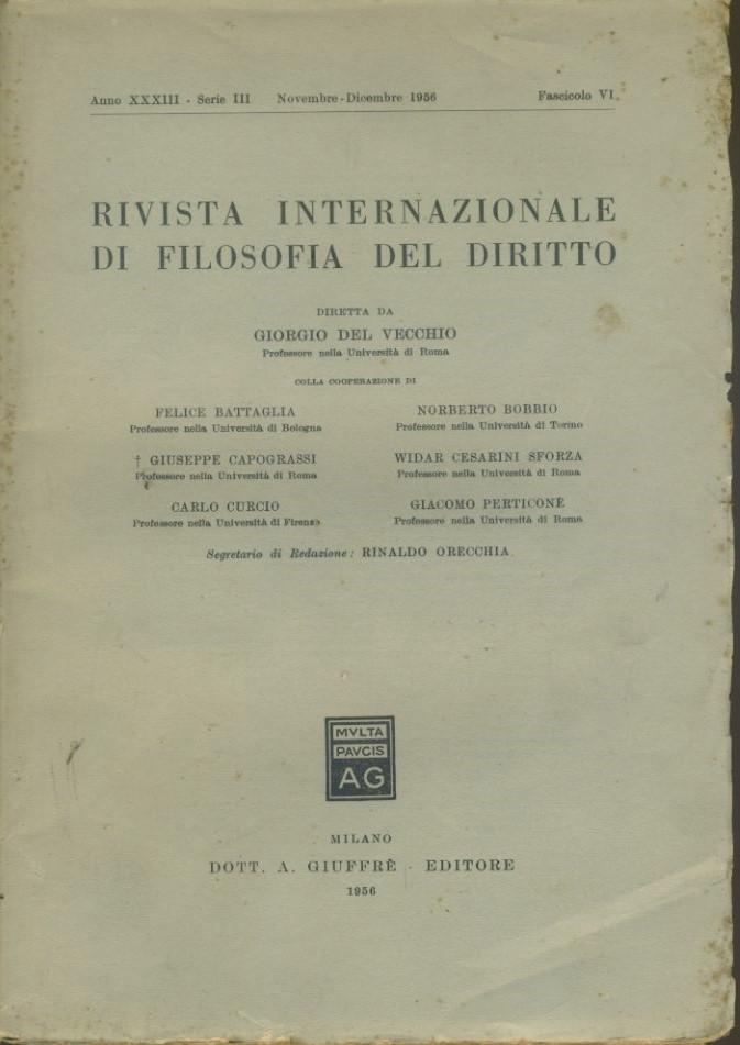 Rivista internzionale di filosofia del diritto. Anno XXXIII. Serie III. Novembre - Dicembre 1956 - copertina