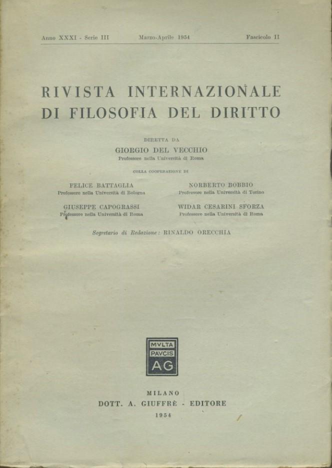 Rivista internazionale di filosofia del diritto. Anno XXXI. Serie III. Marzo - Aprile 1954 - copertina