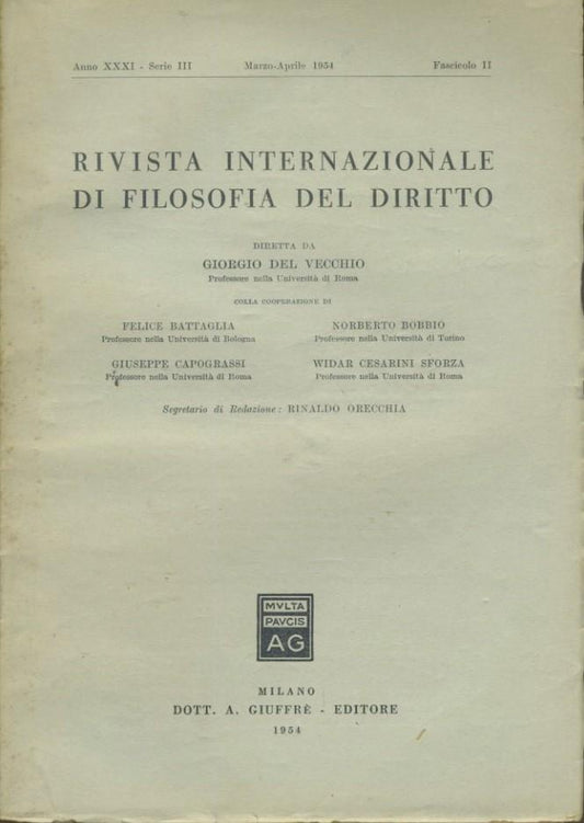 Rivista internazionale di filosofia del diritto. Anno XXXI. Serie III. Marzo - Aprile 1954 - copertina