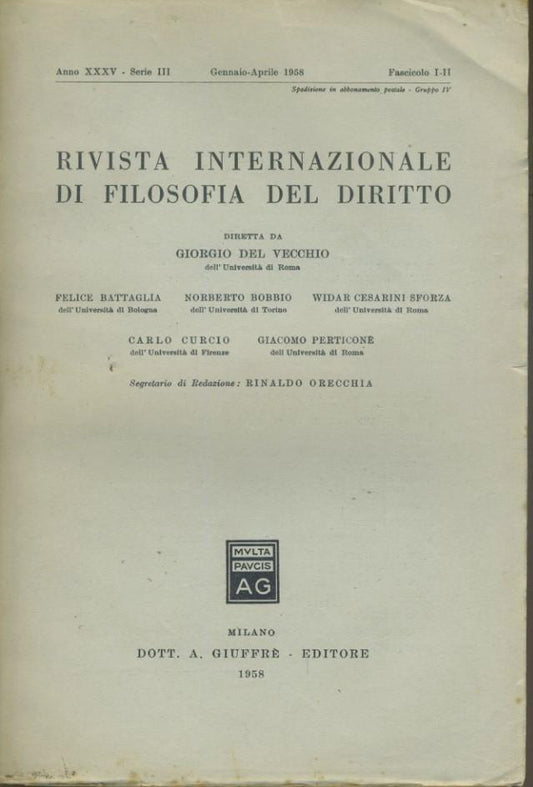Rivista internazionale di filosofia del diritto. Anno XXXV - Serie III. Gennaio - Aprile 1958 - copertina