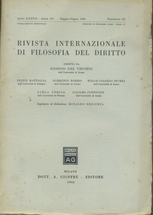 Rivista internazionale di filosofia del diritto. Anno XXXVII. Serie III. Maggio Giugno 1960. - copertina