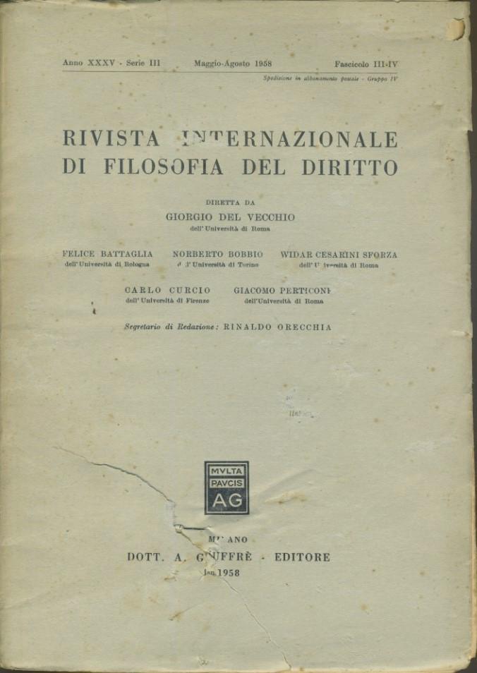 Rivista internazionale di filosofia del diritto. Anno XXXV. Serie III. Maggio - Agosto 1958 - copertina