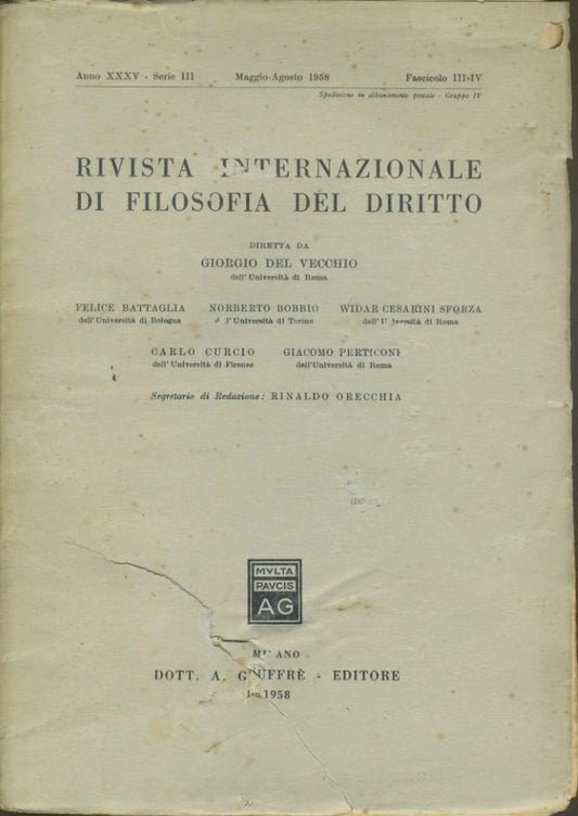 Rivista internazionale di filosofia del diritto. Anno XXXV. Serie III. Maggio - Agosto 1958 - copertina