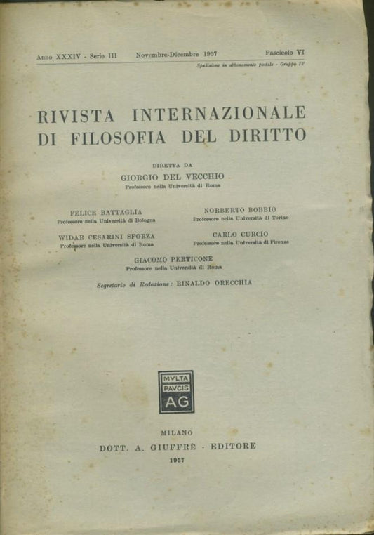 Rivista internazionale di filosofia del diritto. Anno XXXIV. Serie III. Novembre - Dicembre 1957 - copertina