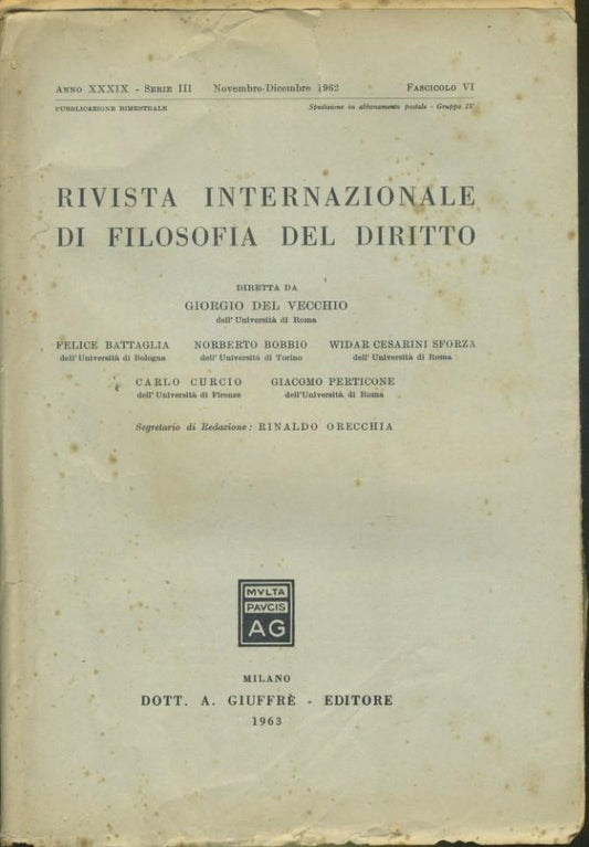 Rivista internazionale di filosofia del diritto. Anno XXXIX. Serie III. Novembre - Dicembre 1962 - copertina