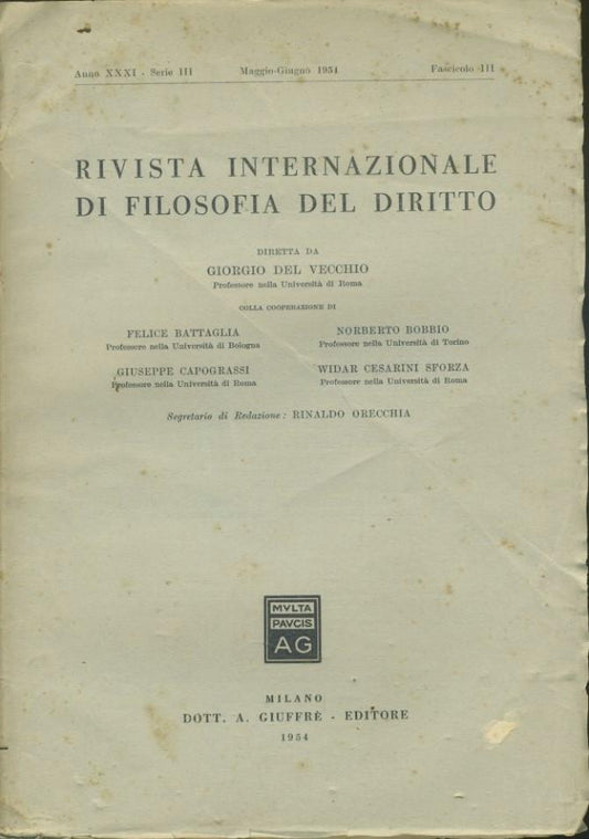 Rivista internazionale di filosofia del diritto. Anno XXXI. Serie III. Maggio - Giugno 1954 - copertina