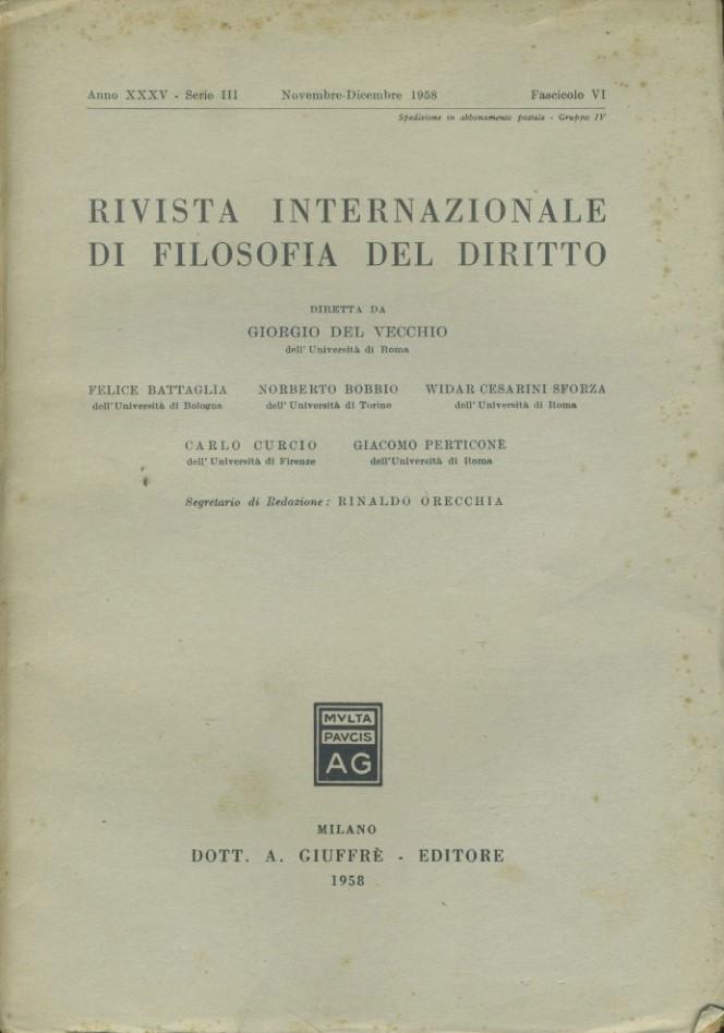 Rivista internazionale di filosofia del diritto. Anno XXXV. Serie III. Novembre - Dicembre 1958 - copertina