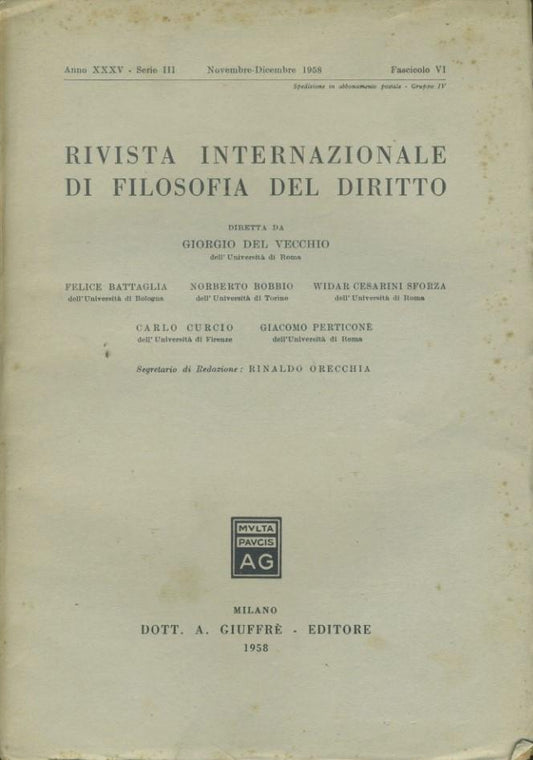 Rivista internazionale di filosofia del diritto. Anno XXXV. Serie III. Novembre - Dicembre 1958 - copertina