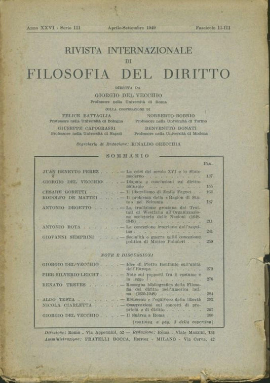 Rivista internazionale di filosofia del diritto. Anno XXVI. Serie III. Aprile- Settembre 1949 - copertina