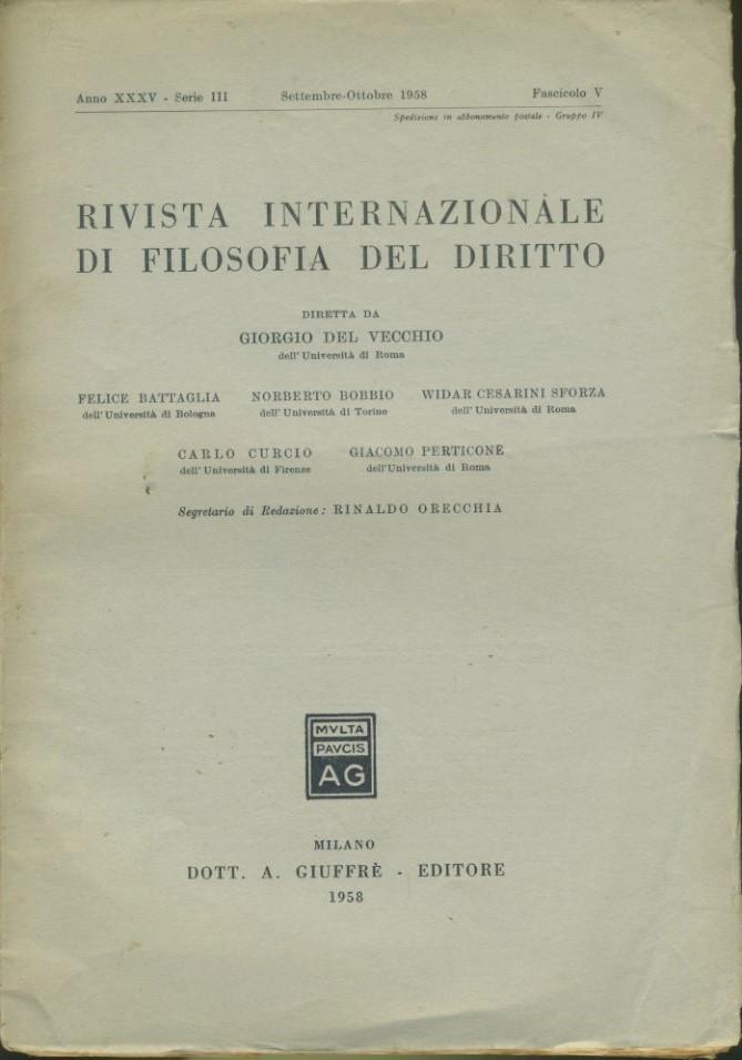 Rivista internazionale di filosofia del diritto. Anno XXXV. Serie III. Settembre - Ottobre 1958 - copertina