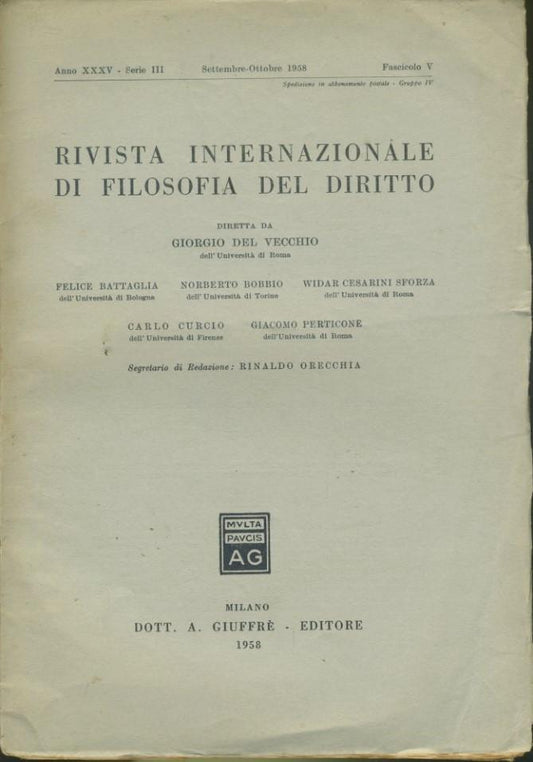 Rivista internazionale di filosofia del diritto. Anno XXXV. Serie III. Settembre - Ottobre 1958 - copertina
