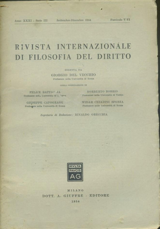 Rivista internazionale di filosofia del diritto. Anno XXXI. Serie III. Settembre - Dicembre 1954 - copertina